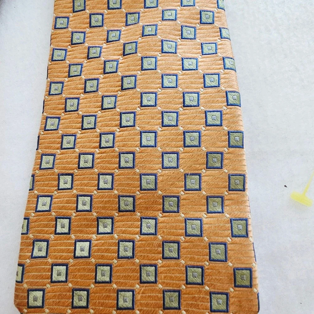 Zianetti Mens Silk Necktie Orange Blue Green Geometric Square Pattern Silk Tie - Picture 2 of 4